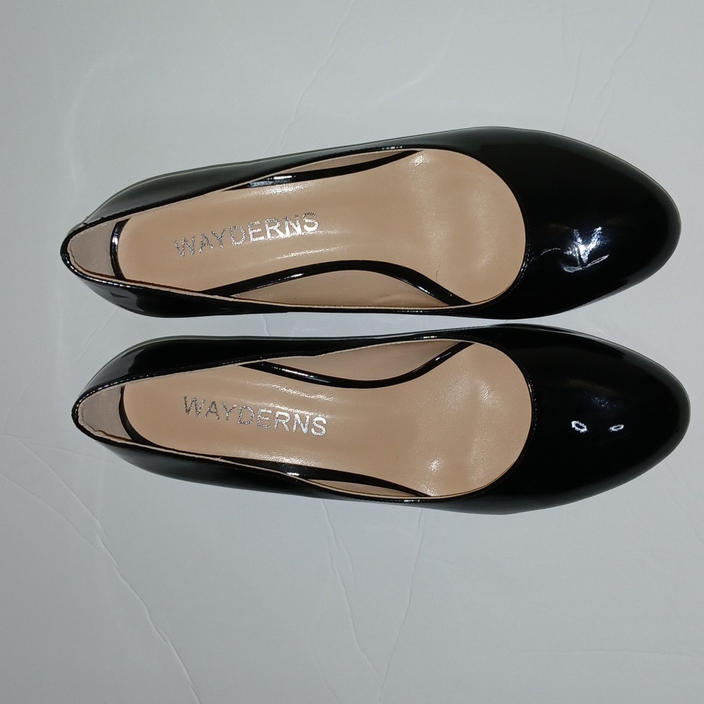 WAYDERNS Women's Patent Round Toe Slip on‎ Work Chunky Mid Heel Pumps Shoes Sz.8